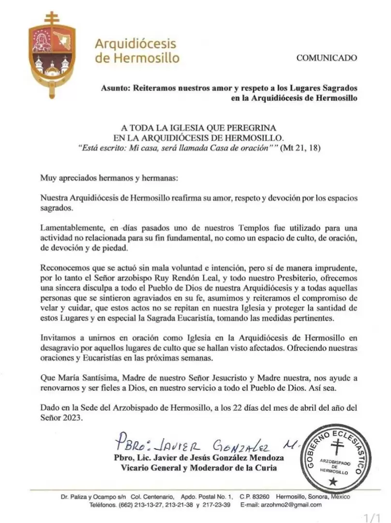 Comunicado de la Arquidicesis de Hermosillo