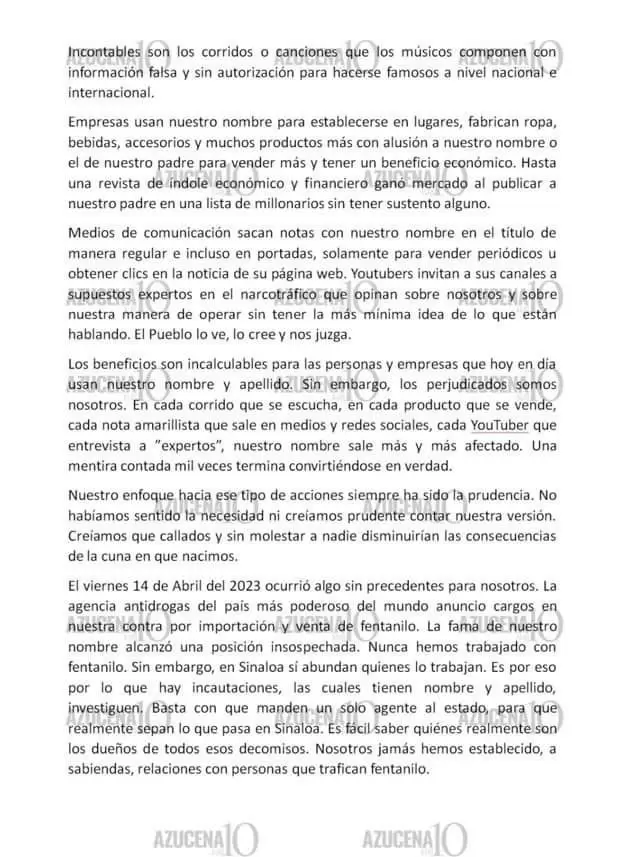 Carta de "Los Chapitos"