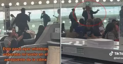 Entre maldiciones y gestos, hombre explota contra la 4T en el AICM.