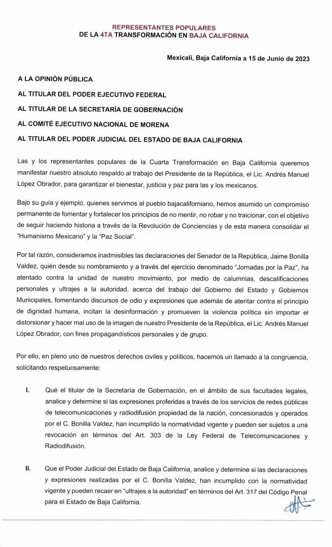 Morenistas de BC piden revisin de concesiones de medios a Jaime Bonilla y considerar revocacin, por violar ley y ultraje a la autoridad