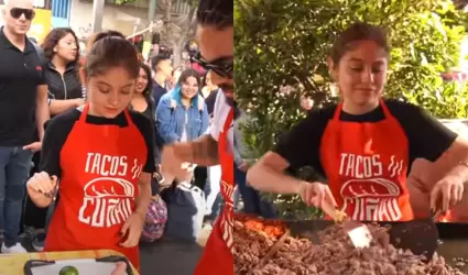 Karol Sevilla vendiendo tacos.