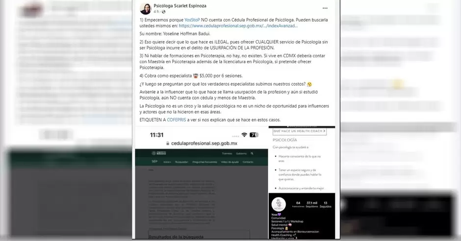 YosStop en controversia al ofrecer terapias psicolgicas sin contar con cdula profesional