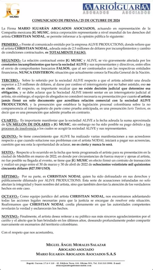 Comunicado abogados de Christian Nodal