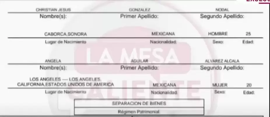 Acta de matrimonio de Christian Nodal y ngela Aguilar