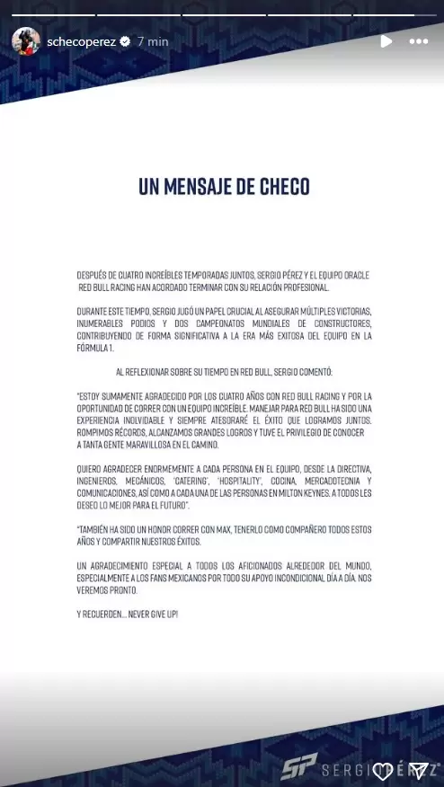 Mensaje de "Checo" Prez