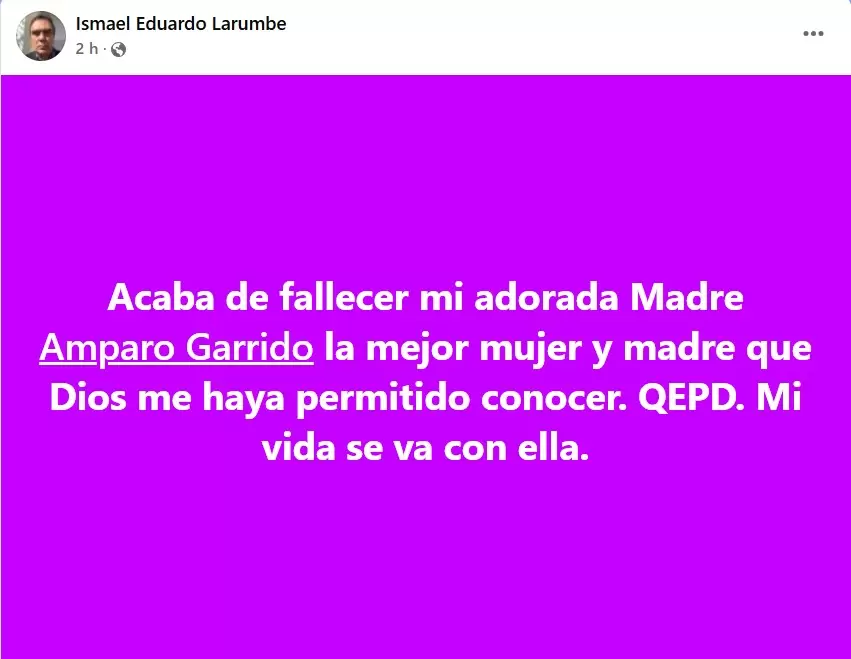 Ismael Eduardo Larumbe, hijo de la actriz Amparo Garrido, confirm que muri a los 95 aos.