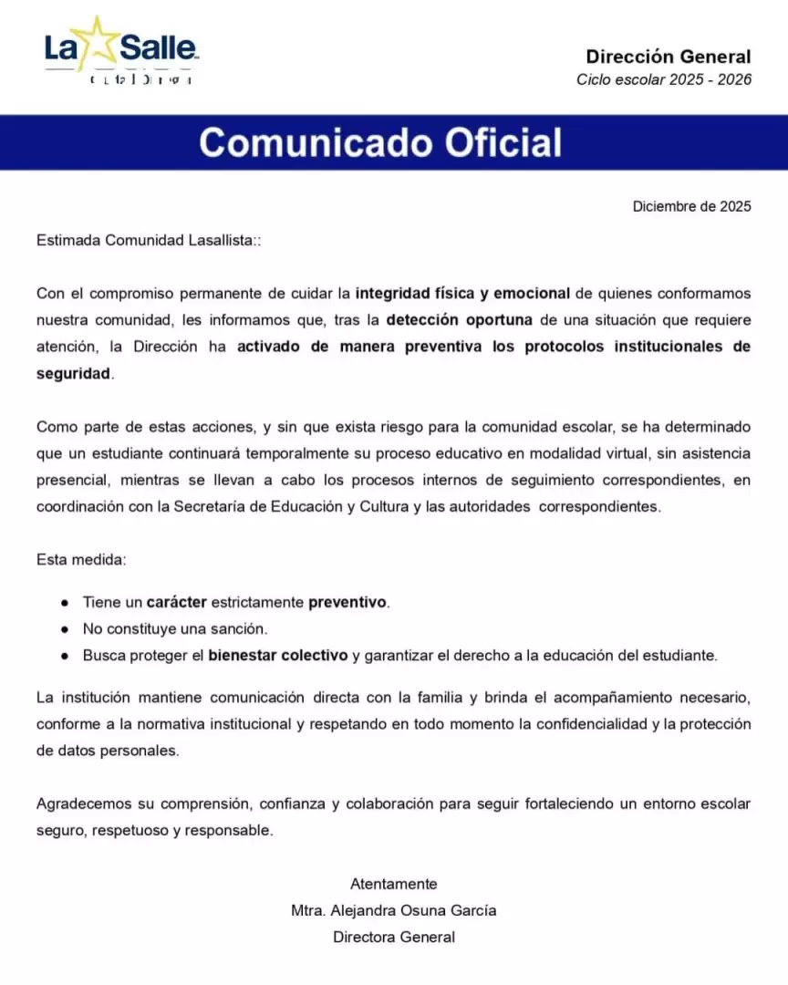 Comunicado del Instituto La Salle
