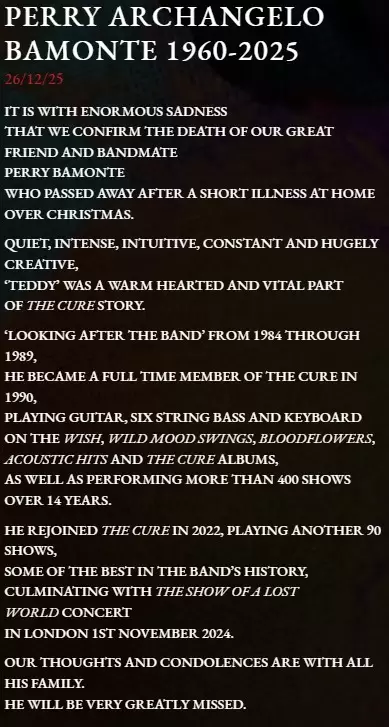 Fallece Perry Bamonte, guitarrista de The Cure