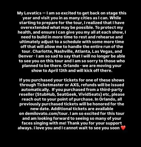 Demi Lovato cancela conciertos para priorizar su salud