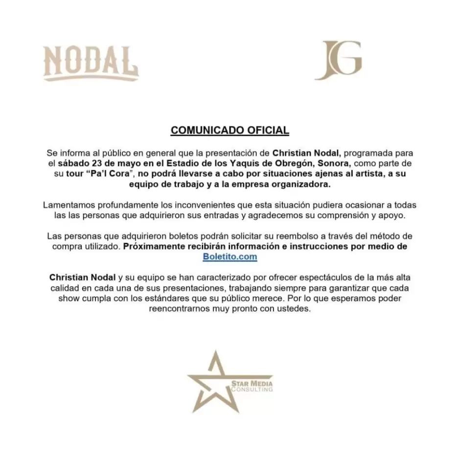 Cancelan concierto de Christian Nodal en Ciudad Obregón