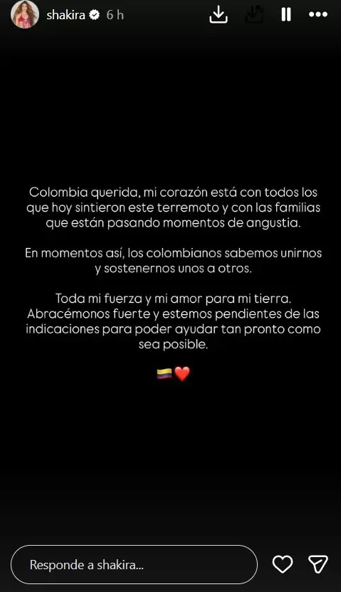 Shakira se solidariza con Colombia tras terremoto de 7.4.