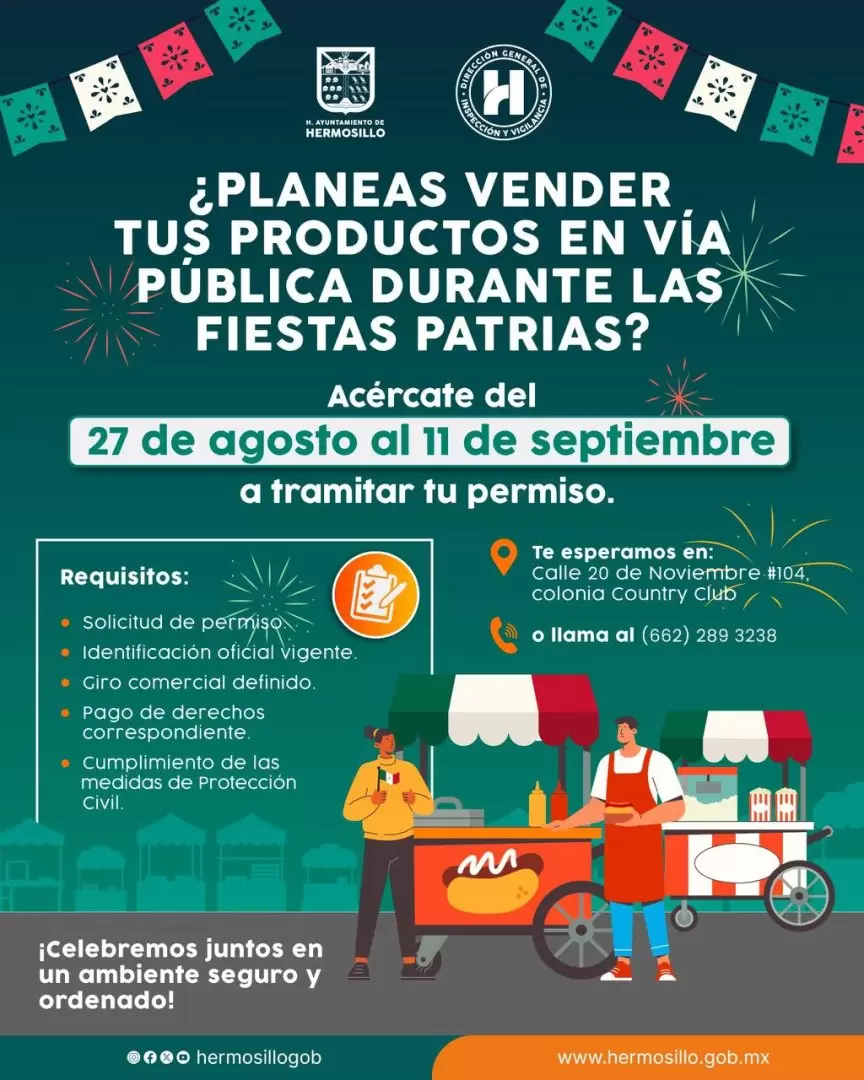 Invita Gobierno de Hermosillo a comerciantes a tramitar permiso para vender durante las Fiestas Patrias